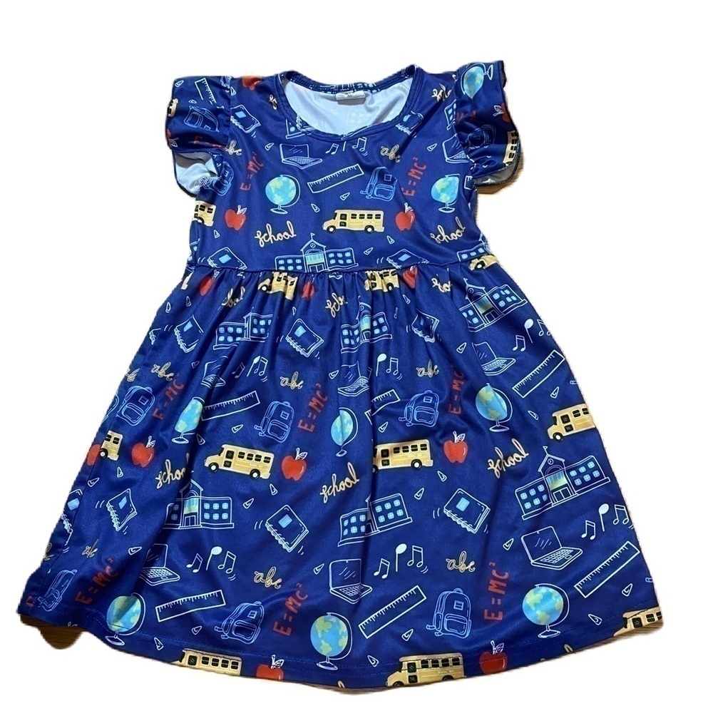 School Bus Dress First Day Sz XS Blue Short Sleeve Yellow 1st Day Girls Kids